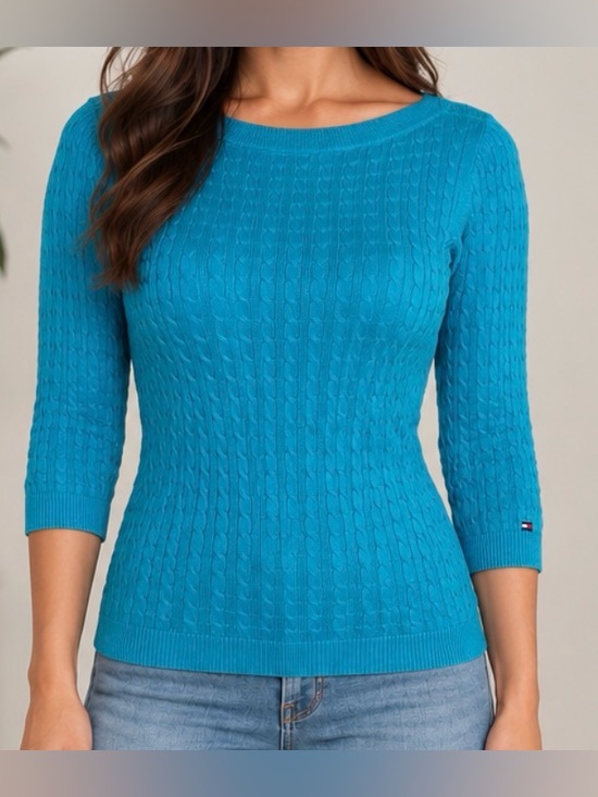 Tommy Hilfiger Sweaters - Tommy Hilfiger Turquoise Cable Knit Pima Cotton Sweater Top Size S/P